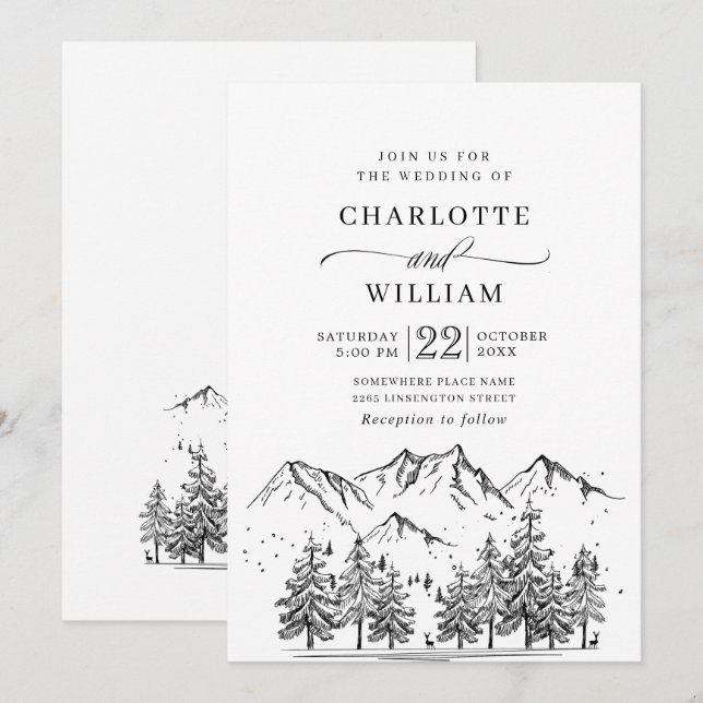 Invitación Boda bosque montañas dibujadas a mano (Anverso / Reverso)