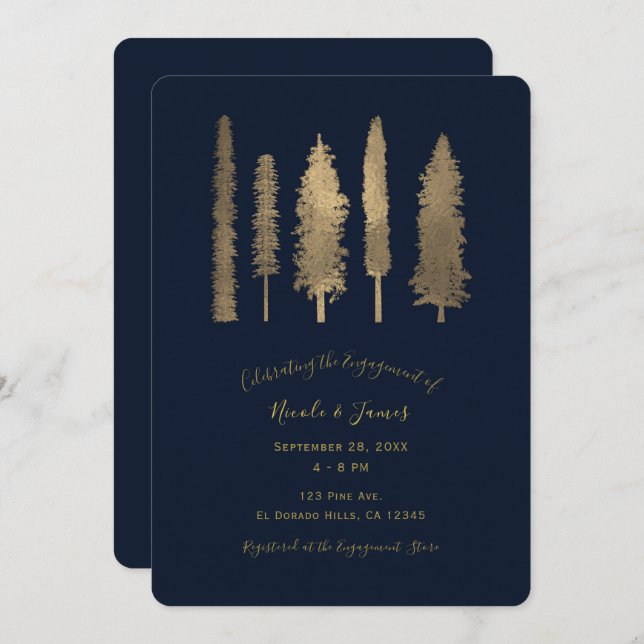 Invitación Boda Bosque Oscuro Azul y Dorado (Anverso / Reverso)