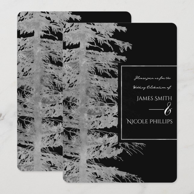 Invitación Boda Bosque Rústico Árbol Pino Plateado Negro Glam (Anverso / Reverso)