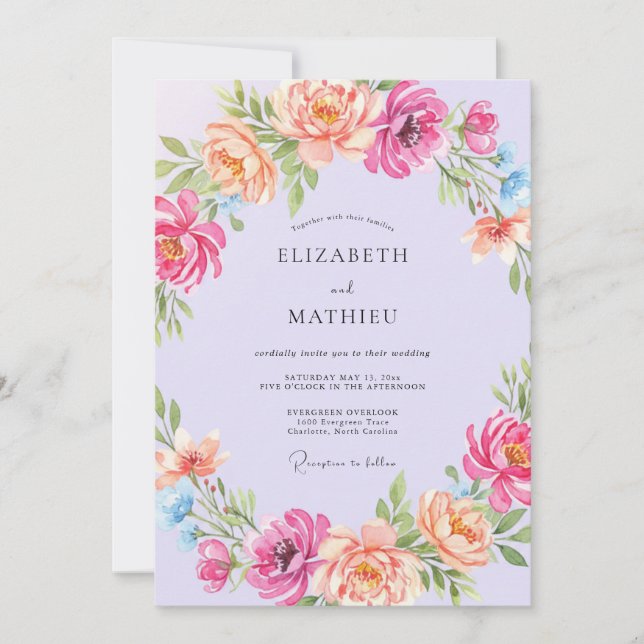Invitación Boda Botánica Abundante Lila (Anverso)