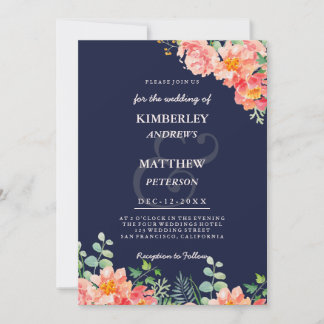 Invitación Boda botánica acuarela azul marino coral rosa