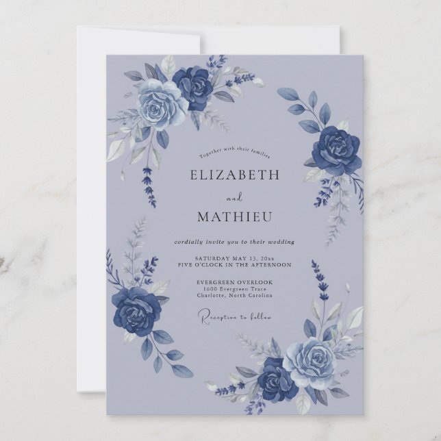 Invitación Boda Botánica Acuarela Azul Pizarra (Anverso)