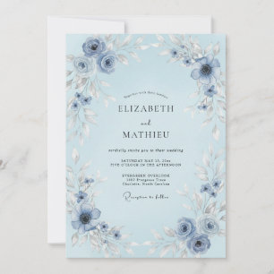 Invitación Boda Botánica Acuarela Azul Polvo