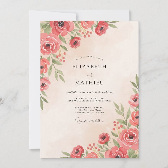 Invitación Boda Botánica Acuarela Coral (Anverso)