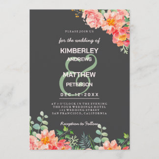Invitación Boda botánica acuarela coral gris oscuro