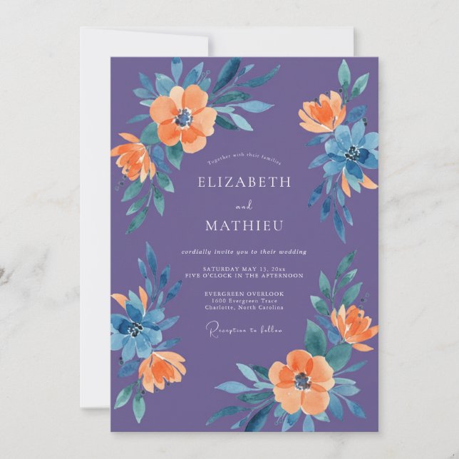 Invitación Boda Botánica Acuarela de Naranja Violeta (Anverso)