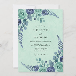 Invitación Boda Botánica Acuarela Índigo Menta