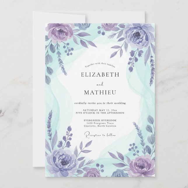 Invitación Boda Botánica Acuarela Lavanda Azul (Anverso)