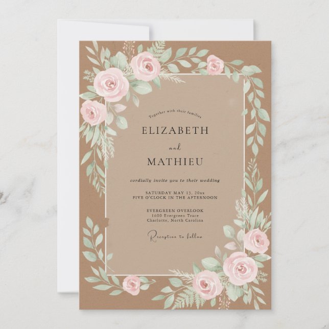 Invitación Boda Botánica Acuarela Marrón Rubor (Anverso)