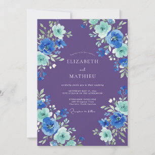 Invitación Boda Botánica Acuarela Morada y Turquesa