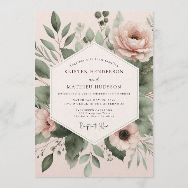 Invitación Boda Botánica Acuarela Rosada (Anverso)