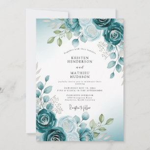 Invitación Boda Botánica Acuarela Suave Verde Teal