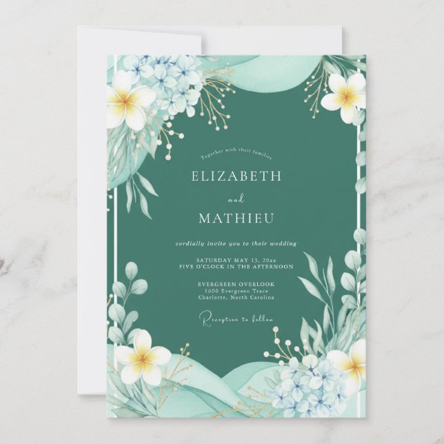 Invitación Boda Botánica Acuarela Verde Teal (Anverso)