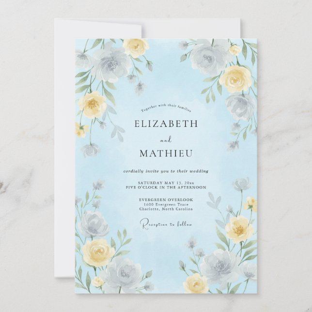 Invitación Boda Botánica Aérea de Azul Pálido (Anverso)