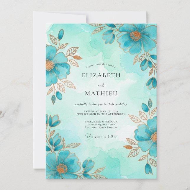 Invitación Boda Botánica Aérea Turquesa (Anverso)