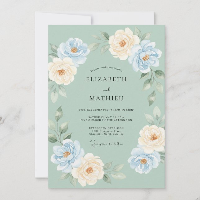 Invitación Boda Botánica Aireada de Azul Menta (Anverso)