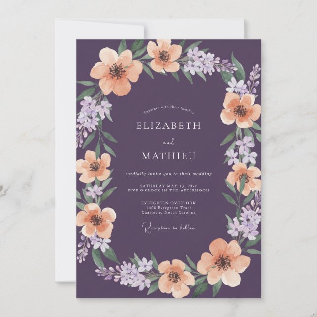 Invitación Boda Botánica Albaricoque Púrpura Profundo (Anverso)