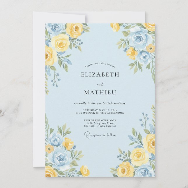 Invitación Boda Botánica Alegre de Azul Claro (Anverso)