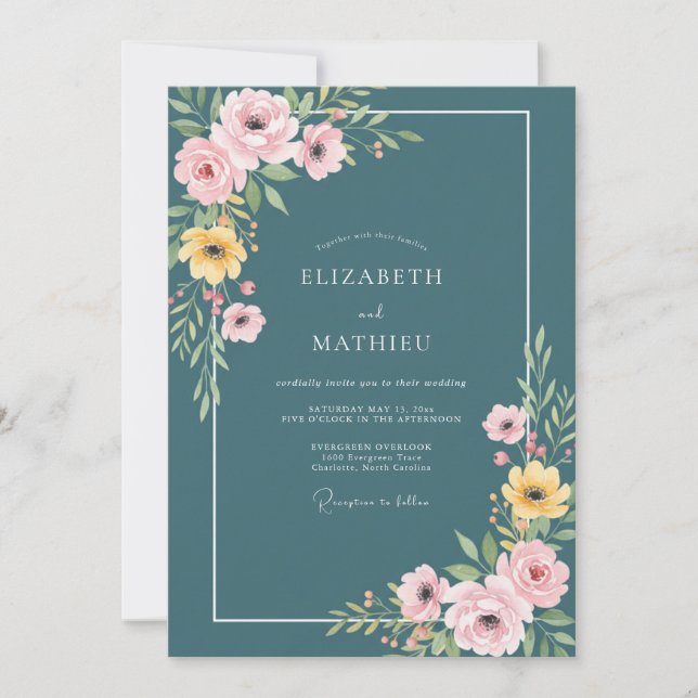 Invitación Boda Botánica Alegre Turquesa (Anverso)