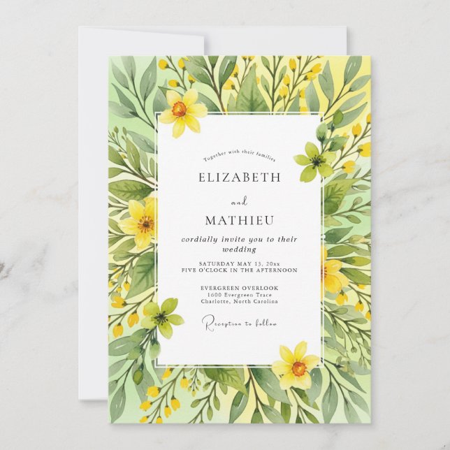 Invitación Boda Botánica Amarilla Alegre de Primavera (Anverso)