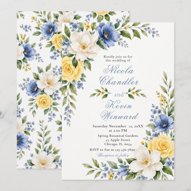 Invitación Boda Botánica Amarilla Azul (Anverso / Reverso)