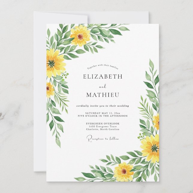 Invitación Boda Botánica Amarilla de Primavera (Anverso)
