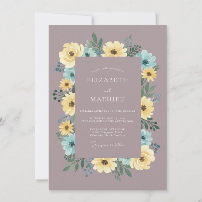 Invitación Boda Botánica Amarillo Azul Malva (Anverso)