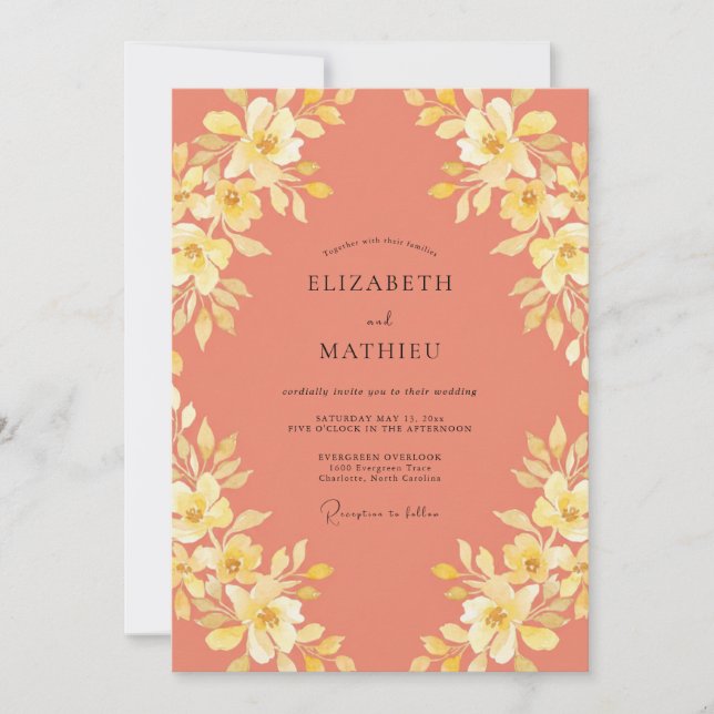 Invitación Boda Botánica Amarillo Coral (Anverso)