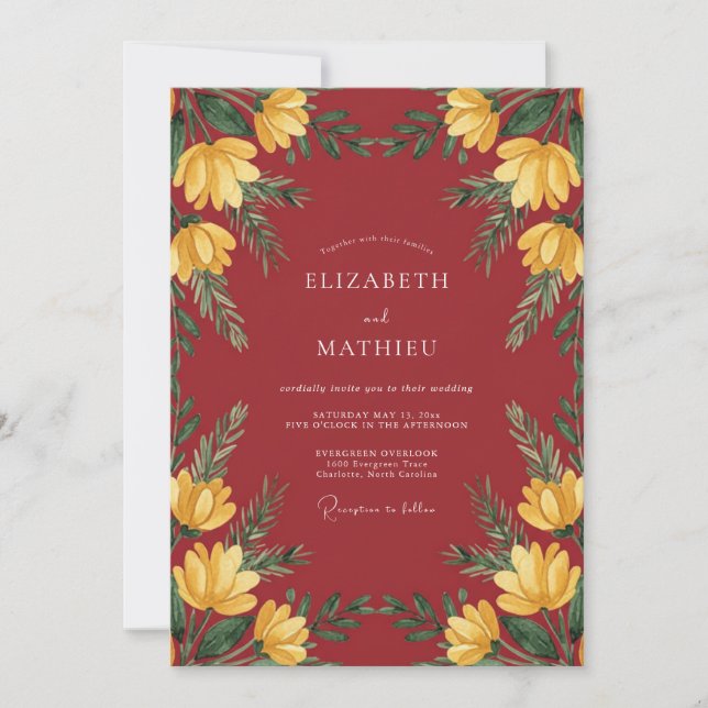 Invitación Boda Botánica Amarillo Escarlata (Anverso)