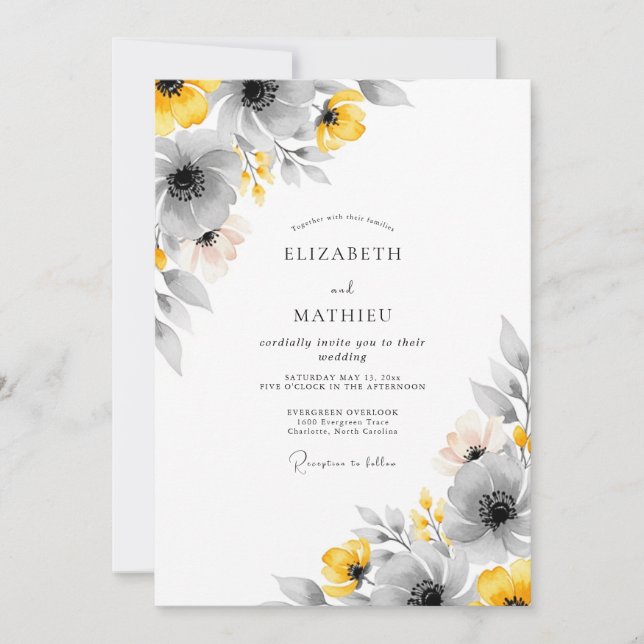 Invitación Boda Botánica Amarillo Gris Vibrante (Anverso)