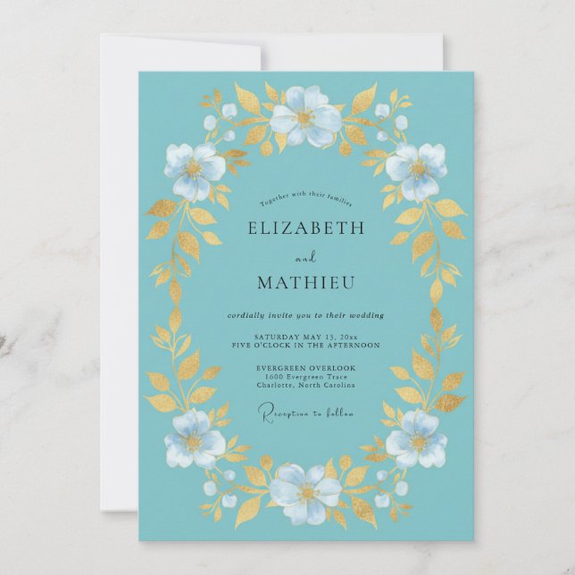 Invitación Boda Botánica Aqua Gold (Anverso)