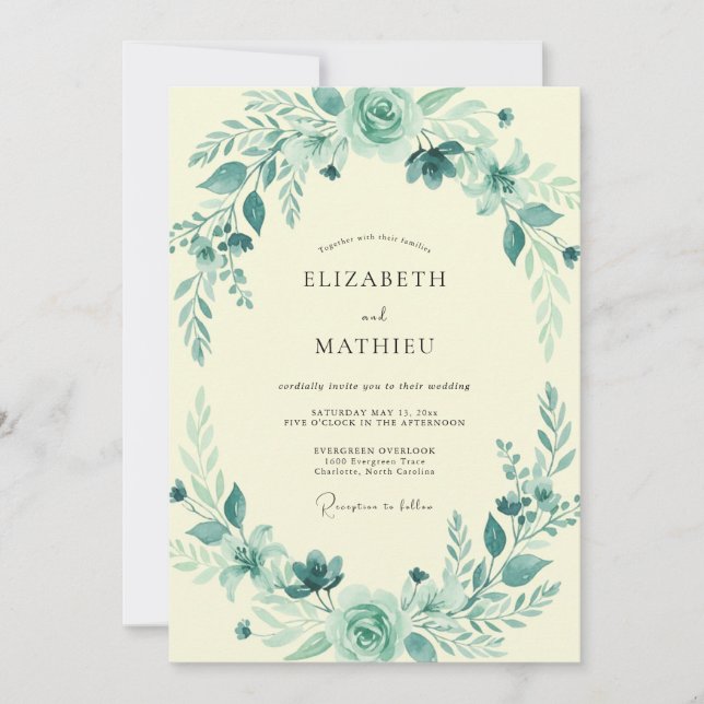 Invitación Boda Botánica Aqua Verde Teal (Anverso)