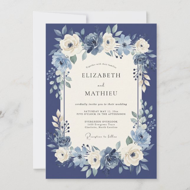 Invitación Boda Botánica Aristocrática de Azul Marino (Anverso)