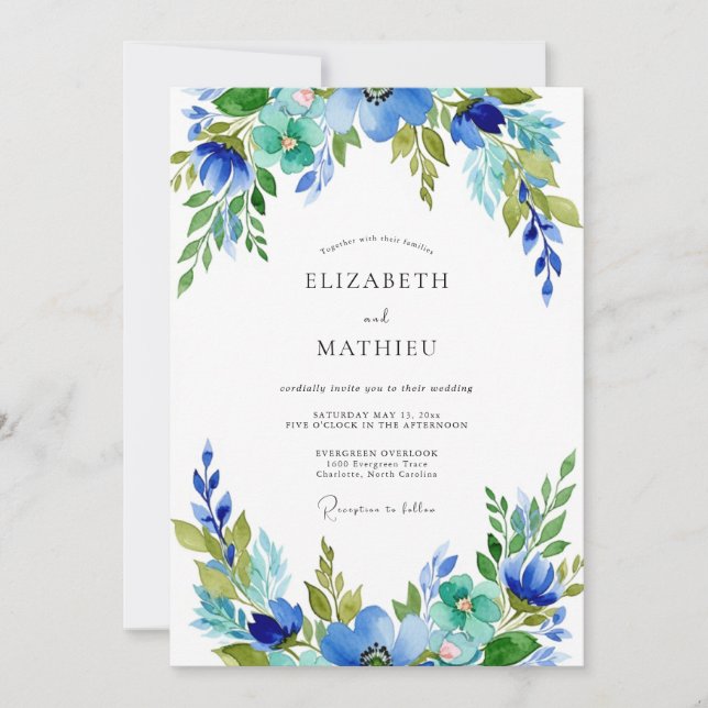 Invitación Boda Botánica Armónica Azul Teal (Anverso)