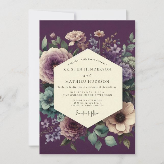 Invitación Boda Botánica Armónica de Berenjena (Anverso)
