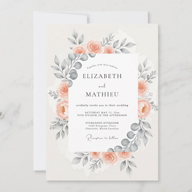 Invitación Boda Botánica Armónica de Melocotón (Anverso)