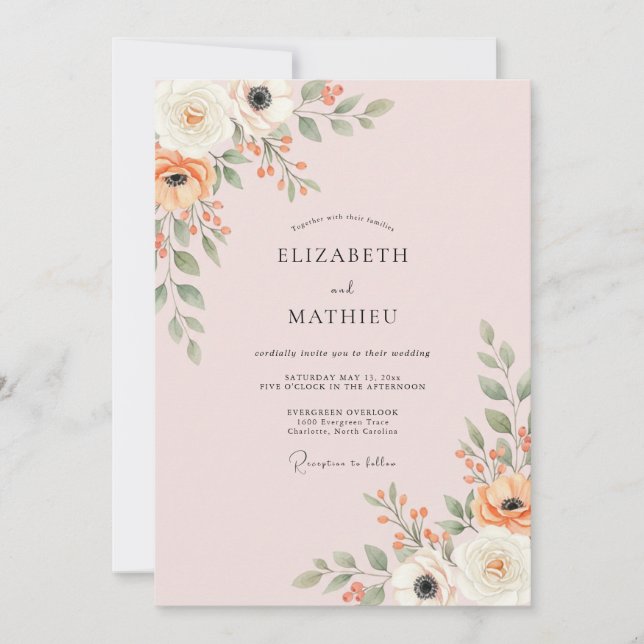 Invitación Boda Botánica Artística de Melocotón (Anverso)