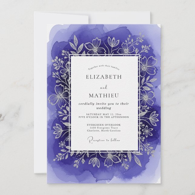 Invitación Boda Botánica Artística Índigo (Anverso)
