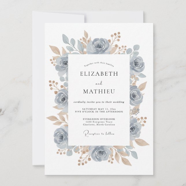 Invitación Boda Botánica Atemporal de Azul Aciano (Anverso)