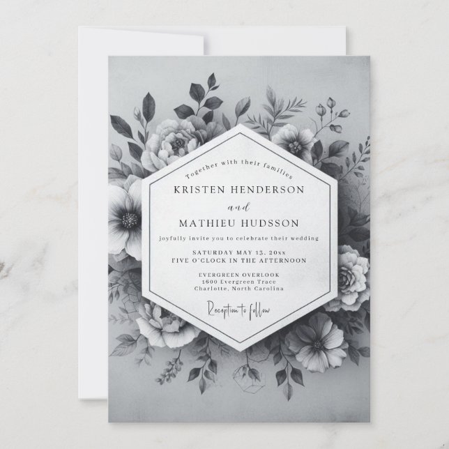 Invitación Boda Botánica Atemporal de Gris Carbón (Anverso)