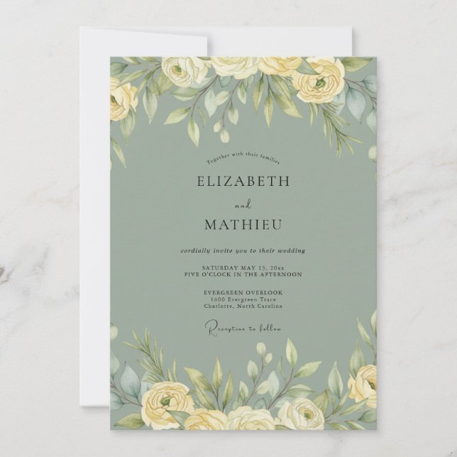 Invitación Boda Botánica Atemporal en Verde Salvia (Anverso)
