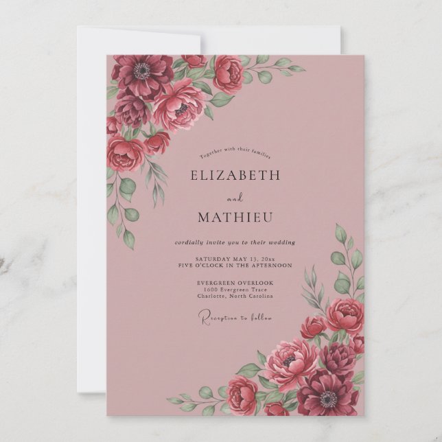 Invitación Boda Botánica aterciopelada de Borgoña (Anverso)