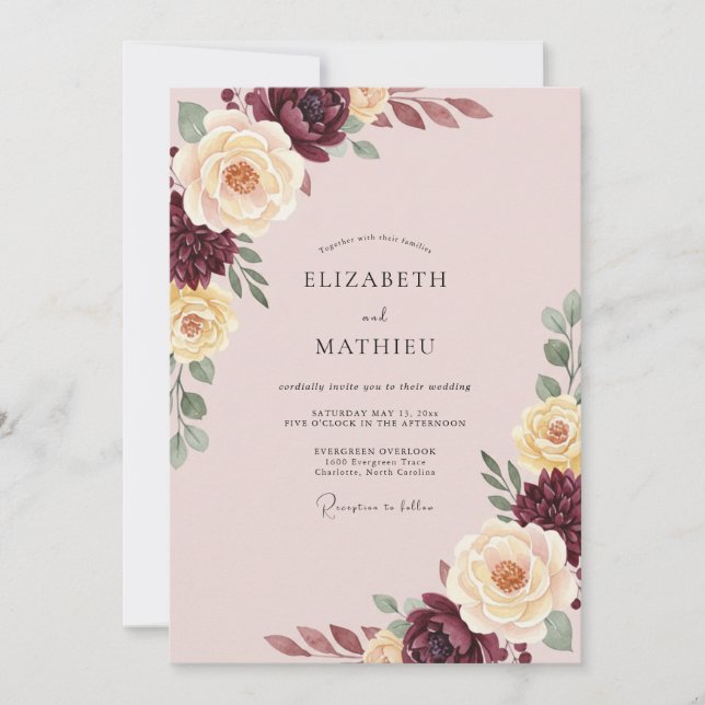 Invitación Boda Botánica Atractiva con Toque de Borgoña (Anverso)