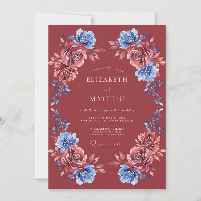 Invitación Boda Botánica Atractiva de Borgoña (Anverso)