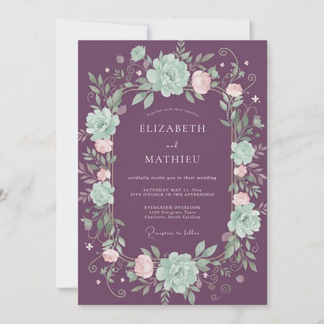 Invitación Boda Botánica Atractiva de Ciruela (Anverso)
