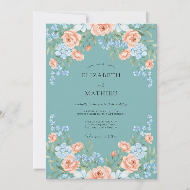Invitación Boda Botánica Atractiva de Color Turquesa (Anverso)