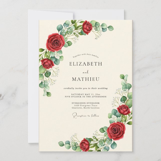 Invitación Boda Botánica Atractiva Roja (Anverso)