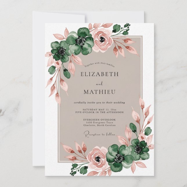 Invitación Boda Botánica Atractiva Verde Esmeralda (Anverso)