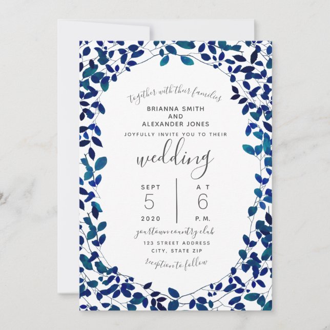 Invitación Boda botánica azul (Anverso)