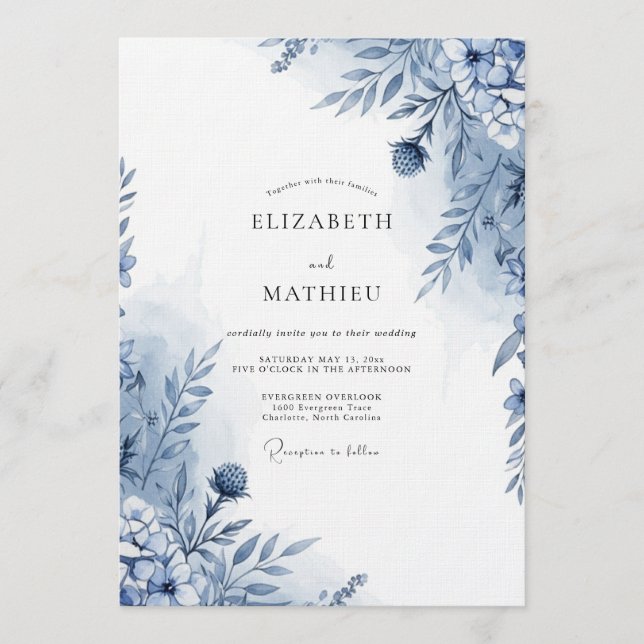 Invitación Boda Botánica Azul Caprichosa (Anverso)